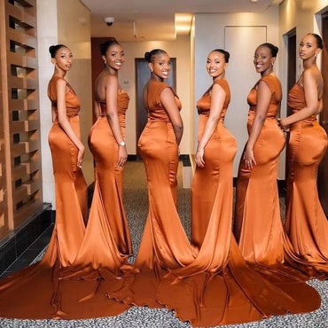 Sexy Orange One Shoulder Mermaid Pleats Long Cheap Bridesmaid Dresses ,BD81