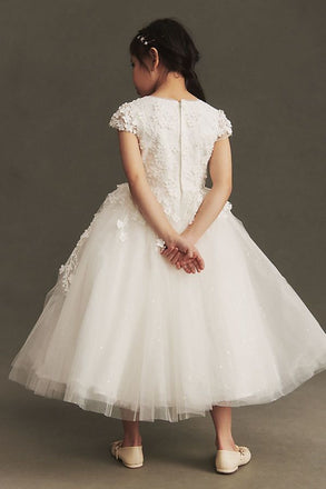 Elegant White Lace Tulle Appliques A- Line Cheap Simple Long Flower Girl Dresses,FG47