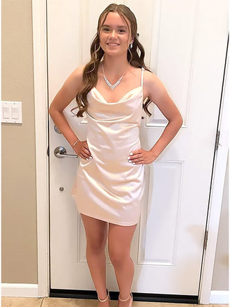 Elegant Spaghetti Straps Light Champagne Sheath Simple Cheap Short Homecoming Dresses, HD124