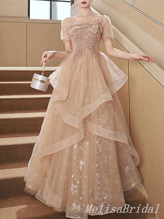 Cute Elegant Orange Square Tulle Sequin A-Line Long Prom Dresses Evening Gown,MB169