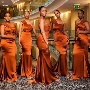 Sexy Orange One Shoulder Mermaid Pleats Long Cheap Bridesmaid Dresses ,BD81