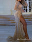 Sparkle Champagne Long Sleeves Evening Gown Maxi Long Evening Party Prom Dresses with Side Slit  ,MB805