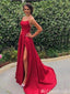 Sexy Red Spaghetti Straps A-Line Lace Up Back Evening Gown Maxi Long Formal Dresses Prom Dresses With Side Slit ,MB477