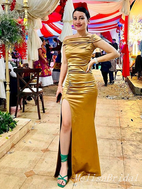 Sexy Gold Off Shoulder Mermaid Long Prom Dresses to Impress with Slit ,MB906