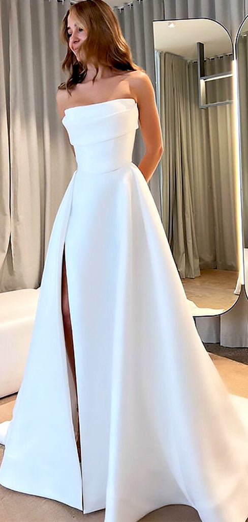 Elegant White Strapless Side Slit A-Line Long Wedding Dresses,WD38