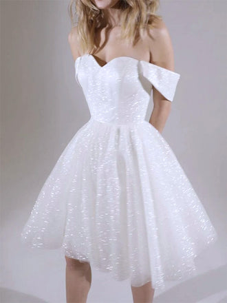 Elegant White Sweetheart Off Shoulder Tulle Sequin A Line Short Homecoming Dresses, HD45