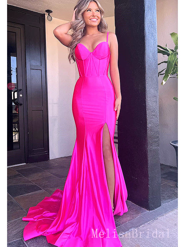 Elegant Pink Spaghetti Strap Side Slit Lace Up Back Mermaid Long Prom Dresses,MB42