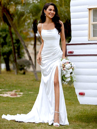 Elegant White Strapless Simple Spaghetti Strap Side Slit Evening Prom Dresses,MB83