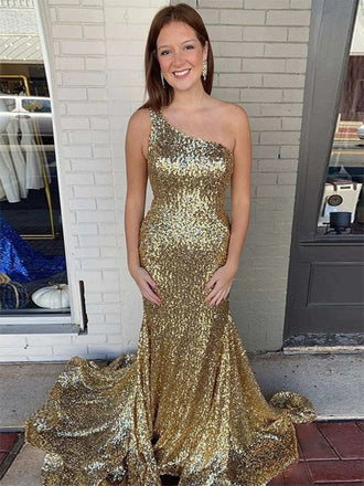 Sparkle Gold One Shoulder Mermaid Evening Gown Maxi Long Evening Party Prom Dresses with trailing ,MB699