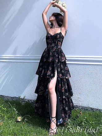 Sexy Black Spaghetti Strap Side Slit Ruffles A-Line Evening Long Prom Dresses,MB69