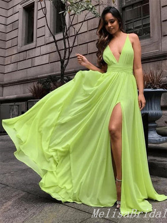 Green Plunging A-line Fluffy Evening Gown Maxi Long Evening Party Prom Dresses with Slit ,MB762