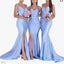 Elegant Blue Spaghetti Straps V Neck Side Slit Simple Cheap Mermaid Long Bridesmaid Dresses ,BD150