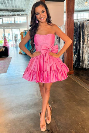 Elegant Pink Strapless Sleeveless Ruffles A-Line Simple Short Homecoming Dresses, HD64