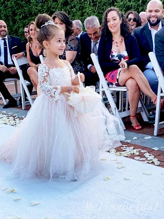 Elegant White  Long Sleeves Appliques Tulle A- Line Flower Girl Dresses ,FG11