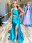 Sexy Light Blue One Shoulder Pleats Side Slit Mermaid Long Evening Prom Dresses,MB101