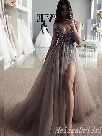 Sexy Plunging Beaded Sparkle Deep V-neck A-line Evening Gown Tulle Long Formal Dresses Prom Dresses,MB365