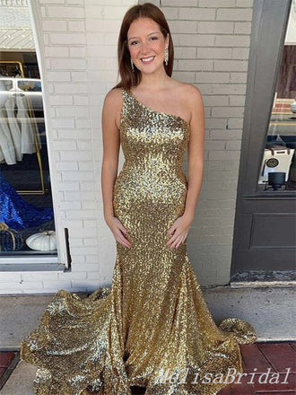 Sparkle Gold One Shoulder Mermaid Evening Gown Maxi Long Evening Party Prom Dresses with trailing ,MB699
