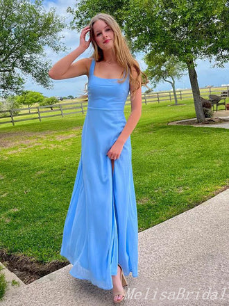 Blue Sheath Square Neck Fluffy Evening Gown Maxi Long Formal Dresses Prom Dresses With Side Slit,MB573