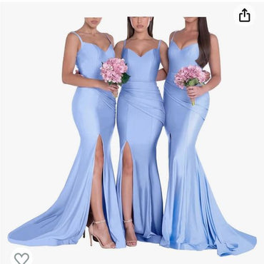 Elegant Blue Spaghetti Straps V Neck Side Slit Simple Cheap Mermaid Long Bridesmaid Dresses ,BD150