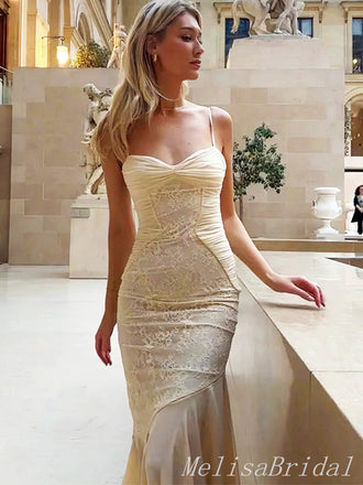 Elegant Champagne Spaghetti  Strap Appliques Pleats Mermaid Evening Prom Dresses,MB78
