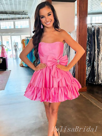 Elegant Pink Strapless Sleeveless Ruffles A-Line Simple Short Homecoming Dresses, HD64