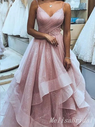 parkly Elegant Spaghetti Straps V-neck Evening Gown Long Formal Dresses Prom Dresses with Ruffles,MB343