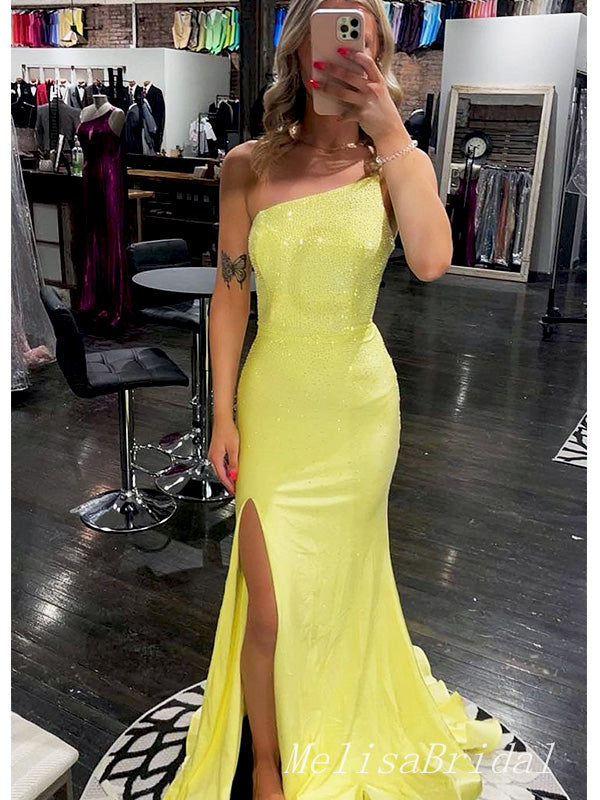 Sexy Yellow Side Slit One Shoulder Sequin Lace Up Back Mermaid Long Evening Prom Dresses,MB125