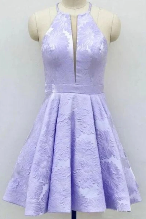 High-end Floral A-line Purple Short Homecoming Dresses with Pleats, HD250