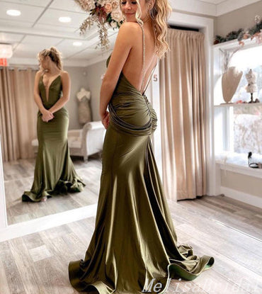 Sexy Sheath Spaghetti Straps Olive Green Plunging Open Back Evening Gown Long Formal Dresses Prom Dresses,MB404