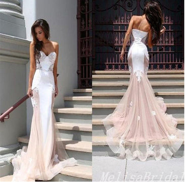 Lace Appliques Pink and White Strapless Sweetheart Evening Gown Maxi Long Evening Party Prom Dresses with Trailing,MB806