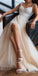 Elegant Spaghetti Straps Side Slit Appliques Tulle A-Line Long Wedding Dresses ,WD69