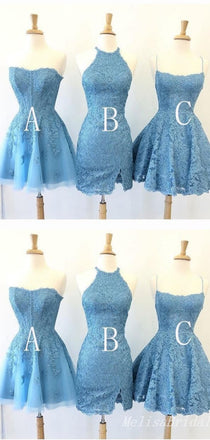Mismatched Blue Elegant Lace Appliques Graduation Party Homecoming Dresses, HD329