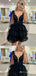 Sexy Black Sparkle A-line Lace Appliques Plunging Short Homecoming Dresses with Ruffles, HD291