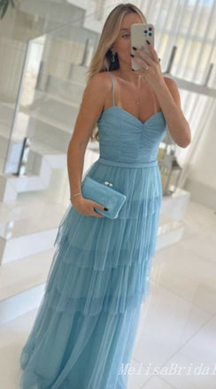 Blue Spaghetti Straps A-line Fluffy Evening Gown Maxi Long Evening Party Prom Dresses ,MB763