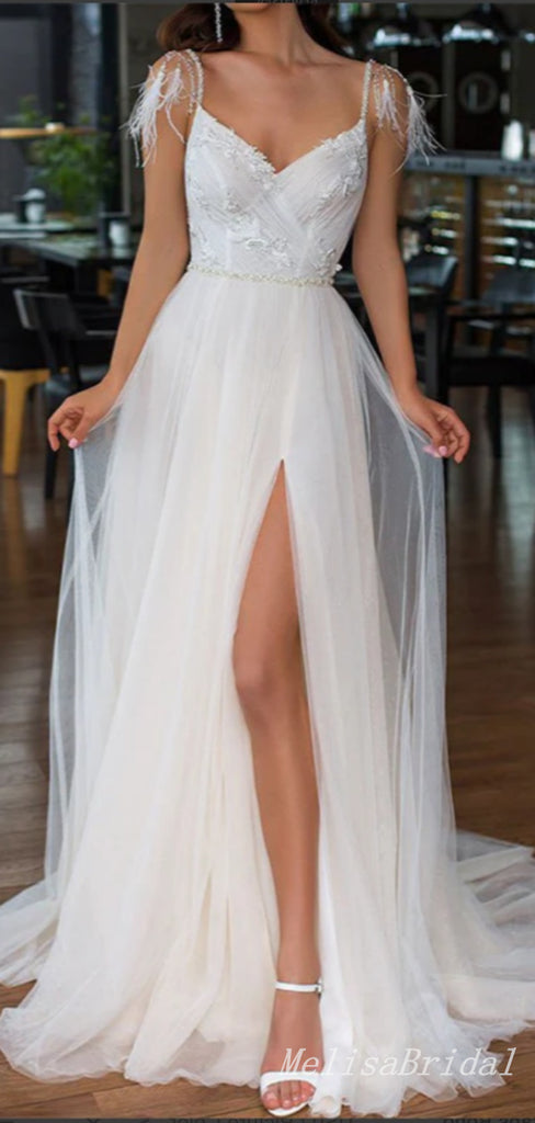 Elegant Spaghetti Straps Side Slit Appliques Tulle A-Line Long Wedding Dresses ,WD69