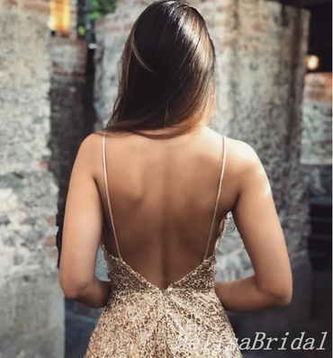 Sparkle Sexy Open Back A-line Spaghetti Straps Plunging Evening Gown Long Formal Dresses Prom Dresses ,MB359