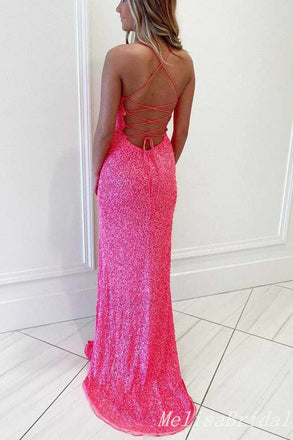 Pink Spaghetti Straps Lace Up Back Evening Gown Maxi Long Formal Dresses Prom Dresses With Side Slit,MB551