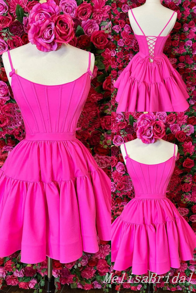 Hot Pink Spaghetti Straps Lace Up Back A-line Graduation Party Short Homecoming Dresses, HD464