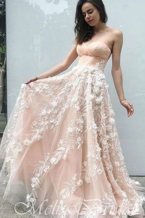 Pearl White A-Line Floral Appliques Sweetheart Strapless Evening Gown Maxi Long Evening Party Prom Dresses,MB638