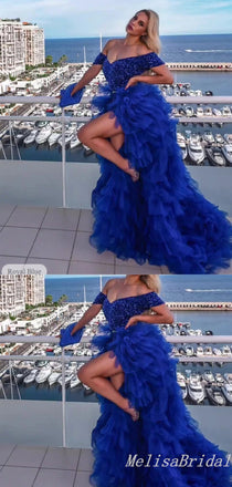 Sexy Sparkle Dark Blue Off-the-shoulder Sweetheart Beaded Tulle Evening Gown Long Formal Dresses Prom Dresses,MB382