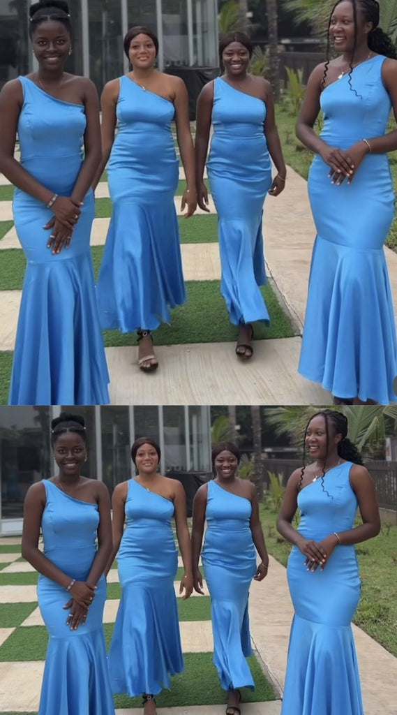 One Shoulder Blue Elegant Mermaid Long Bridesmaid Dresses ,BD257