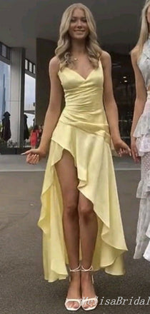 Elegant Light Yellow A-Line V-Neck Spaghetti Straps Asymmetrical Evening Gown Maxi Long Formal Dresses Prom Dresses,MB468