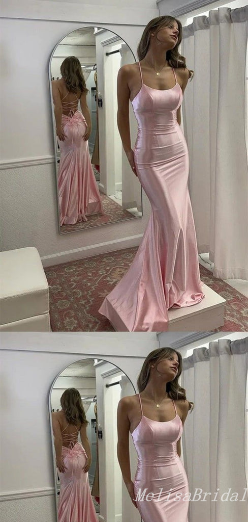 Sexy Light Pink Spaghetti Straps Lace Up Back Mermaid Evening Gown Maxi Long Formal Dresses Prom Dresses,MB538