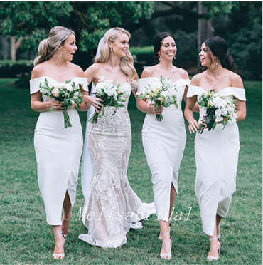 Sexy White Off Shoulder Cheap Side Slit Mermaid Charming Bridesmaid Dresses,BD40
