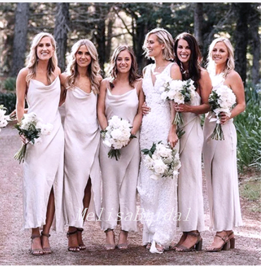 Simple Spaghetti Strap Ivory White Side Slit Long Cheap Charming Bridesmaid Dresses,BD34