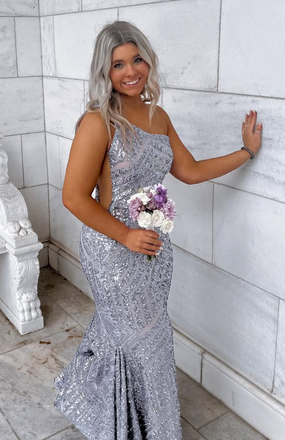 Sparkly Gray One-shoulder Mermaid Long Formal Dress to Impress,MB11086