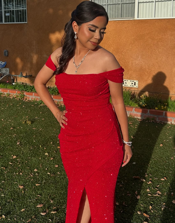Elegant Red Off-shoulder Slit Long Formal Dress to Impress,MB11120
