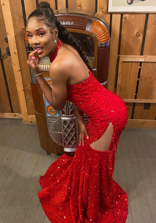 Sparkly Red High-neck Mermaid Long Formal Dress to Impress,MB11164