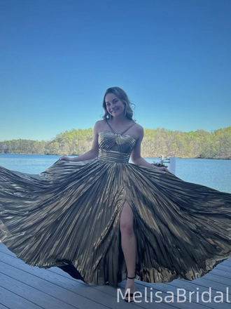 Elegant Gold A-line Slit Long Formal Dress to Impress,MB11196