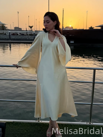 Elegant Yellow Long Sleeve A-line Long Formal Dress to Impress,MB11201